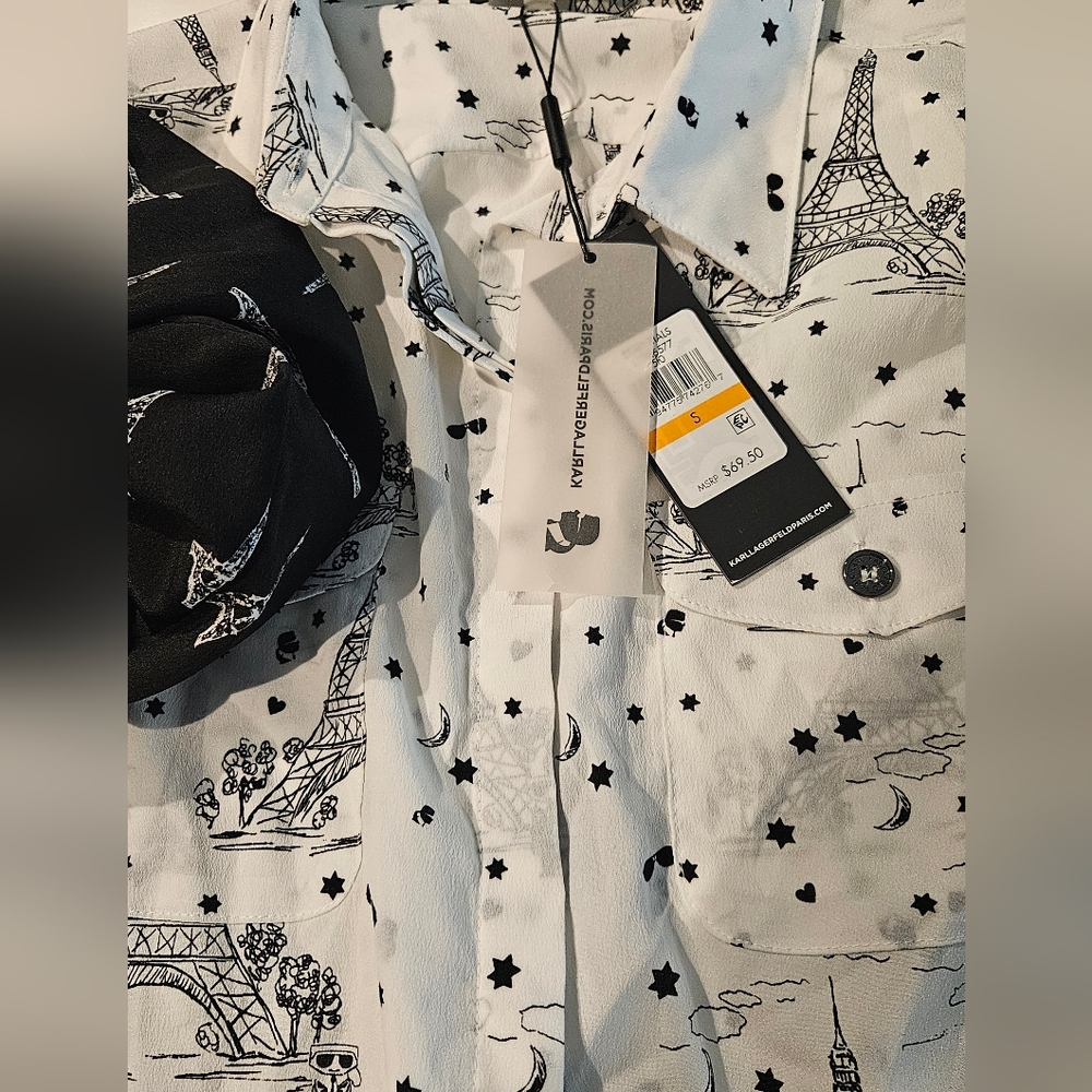 2 Karl Lagerfeld Womens’s White Printed button-down Shirts- Star & Eiffel Motif